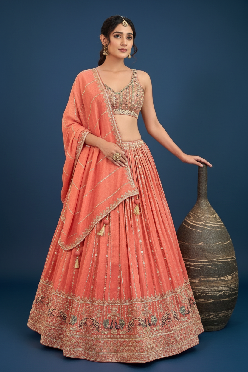 Peach Silk Lehenga Choli Set