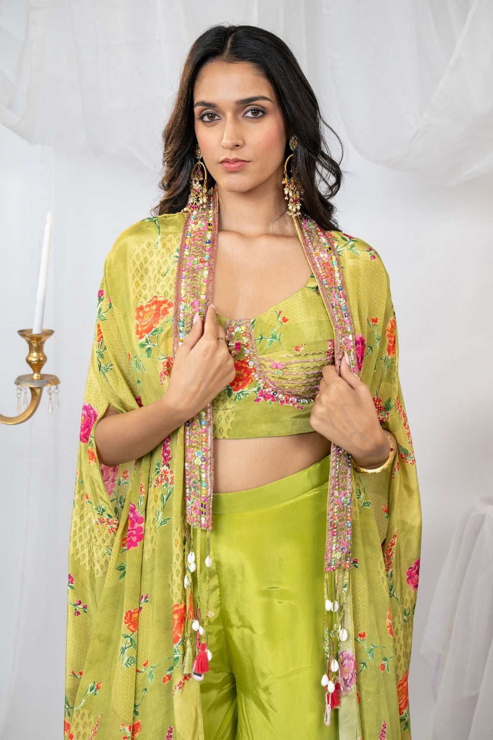 Green Crepe Silk Indo Western with Sequins and Zardosi Work