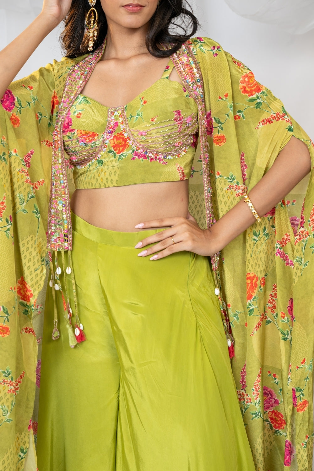 Green Crepe Silk Indo Western with Sequins and Zardosi Work