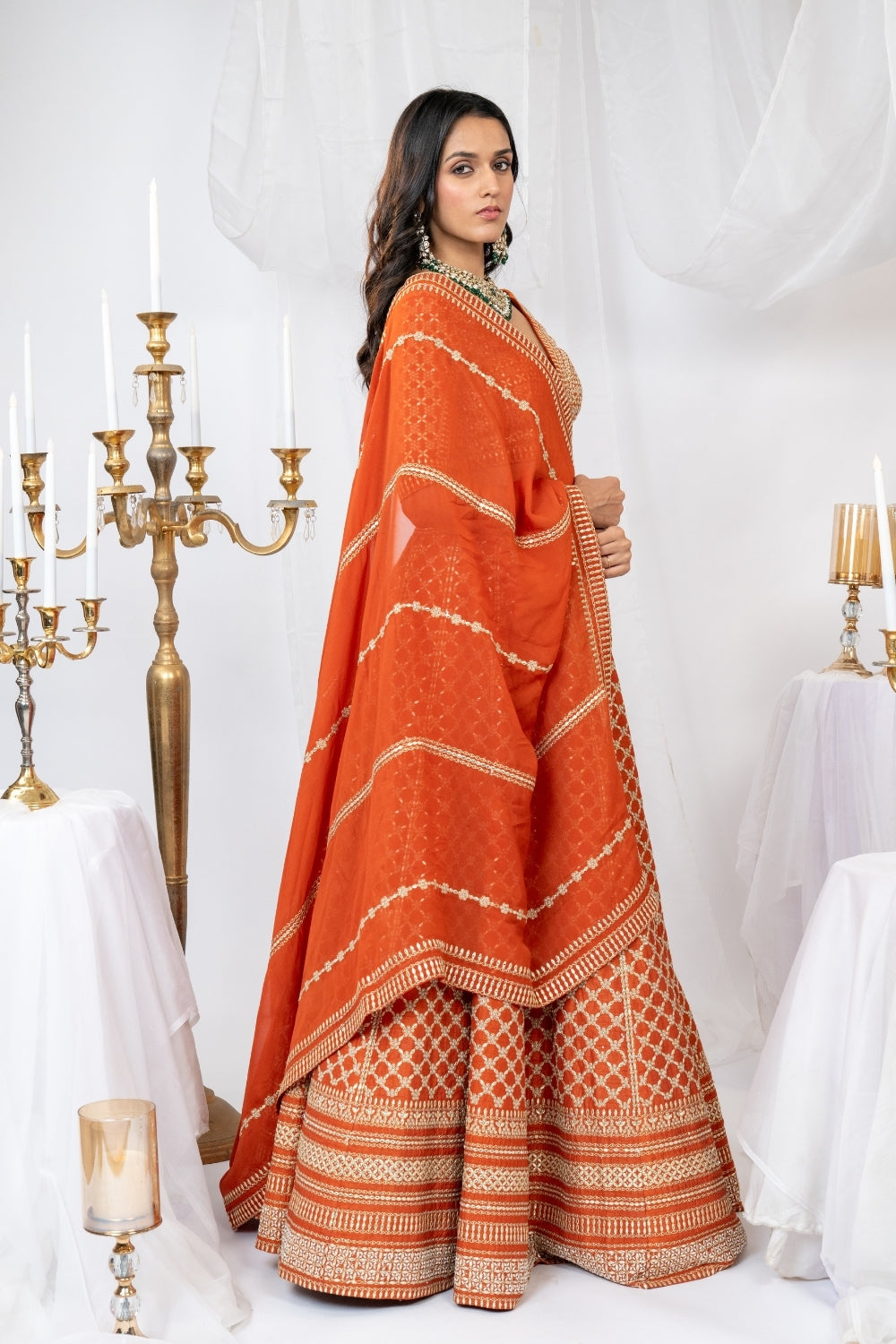 Rust Raw Silk Lehenga Choli Set with Pearl and Moti Work