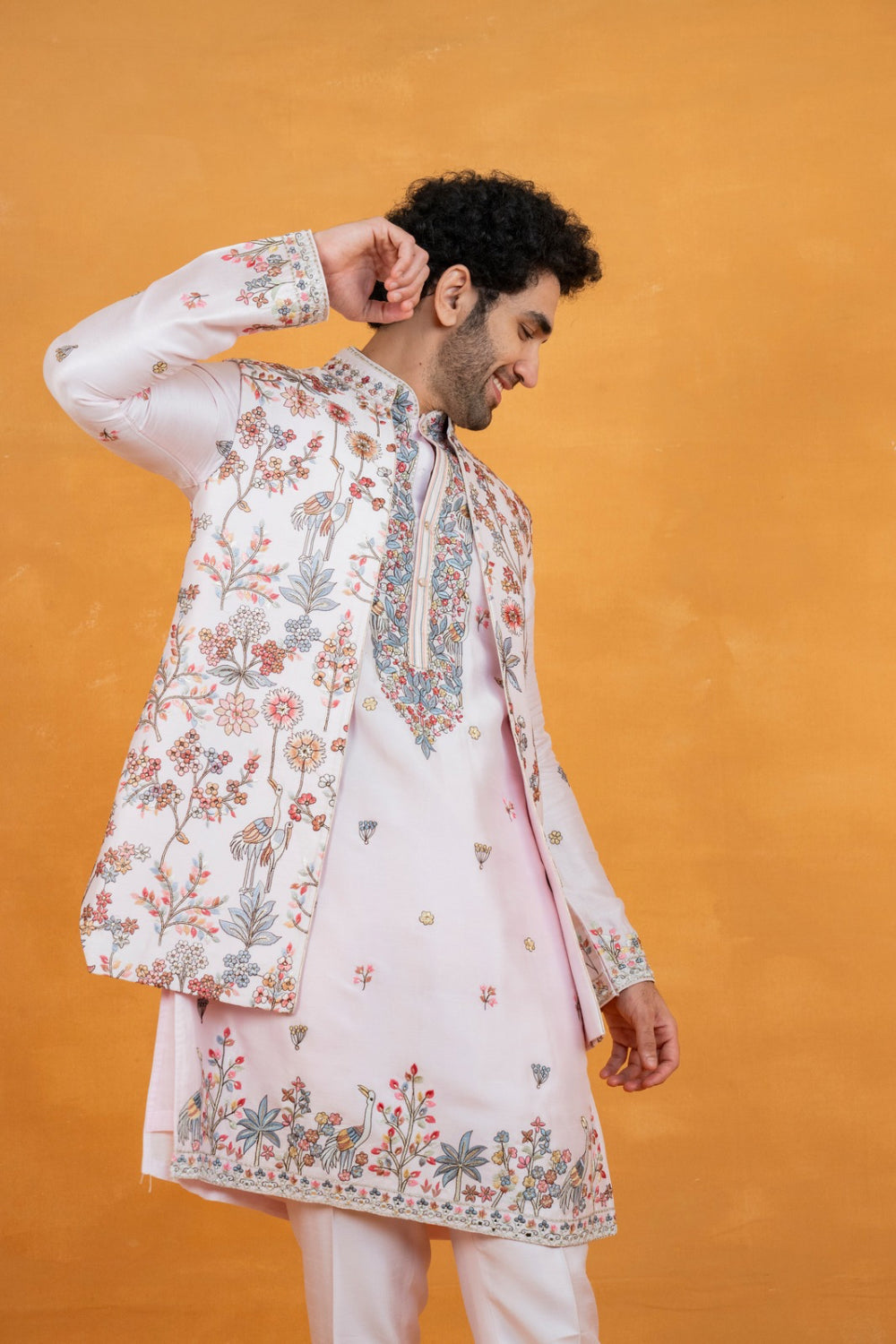 Light pink silk open koti set with multicolour floral thread embroidery