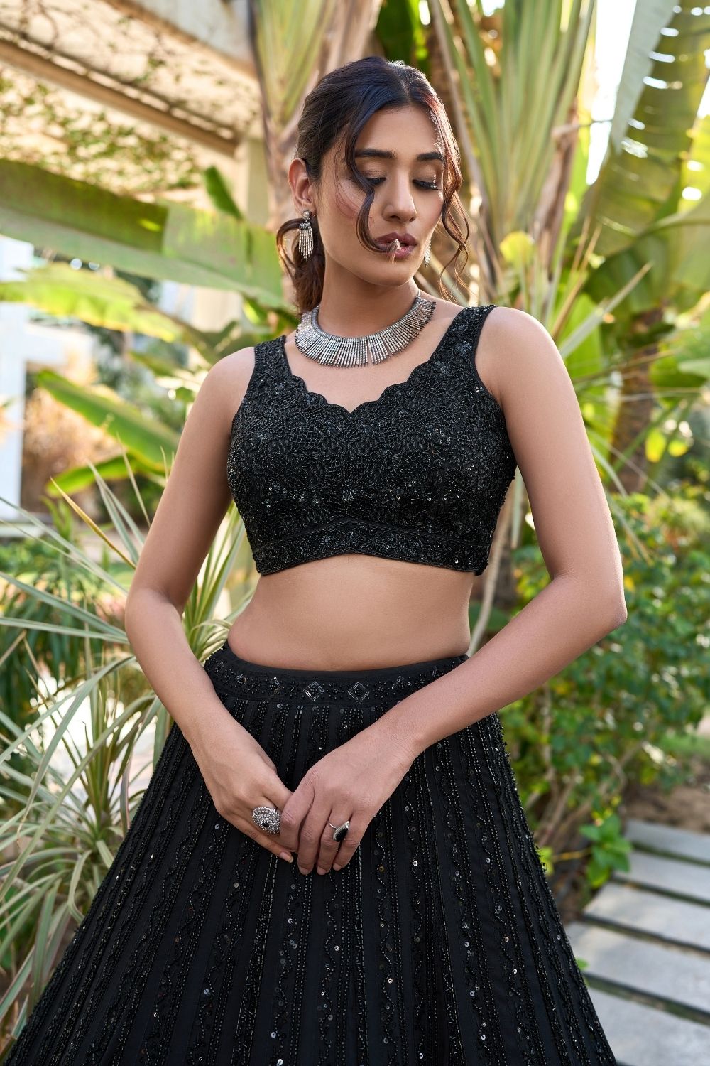 Black Silk Lehenga Choli with V Neck and Pearl Handwork