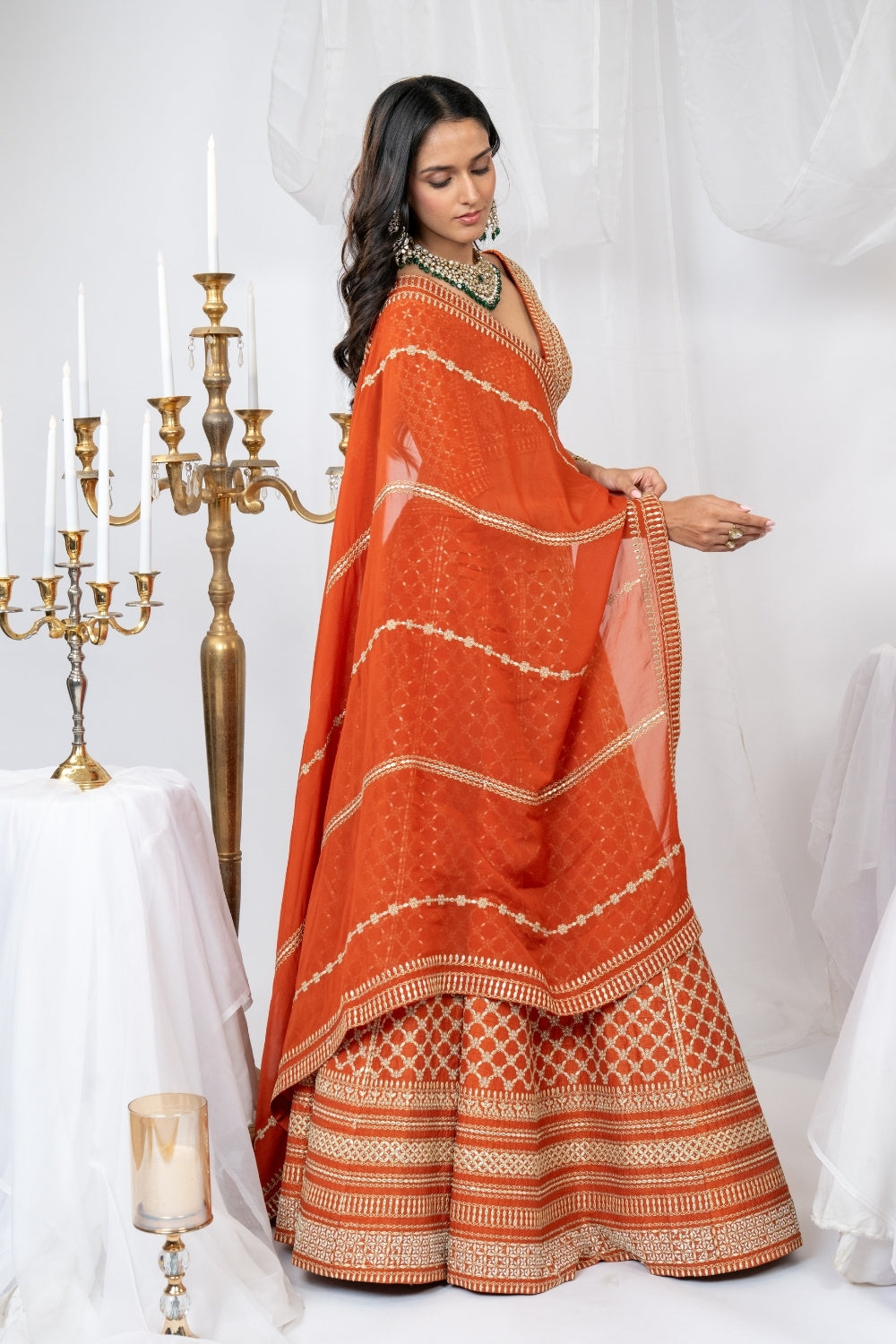 Rust Raw Silk Lehenga Choli Set with Pearl and Moti Work