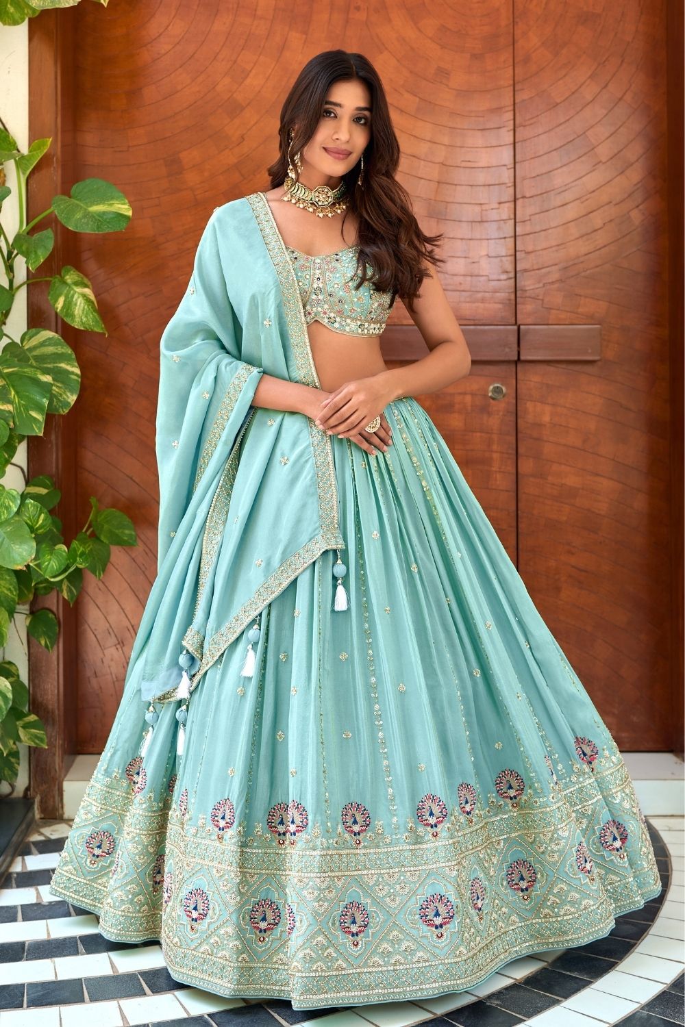 Pista Green Silk Lehenga Choli with Sweetheart Neck