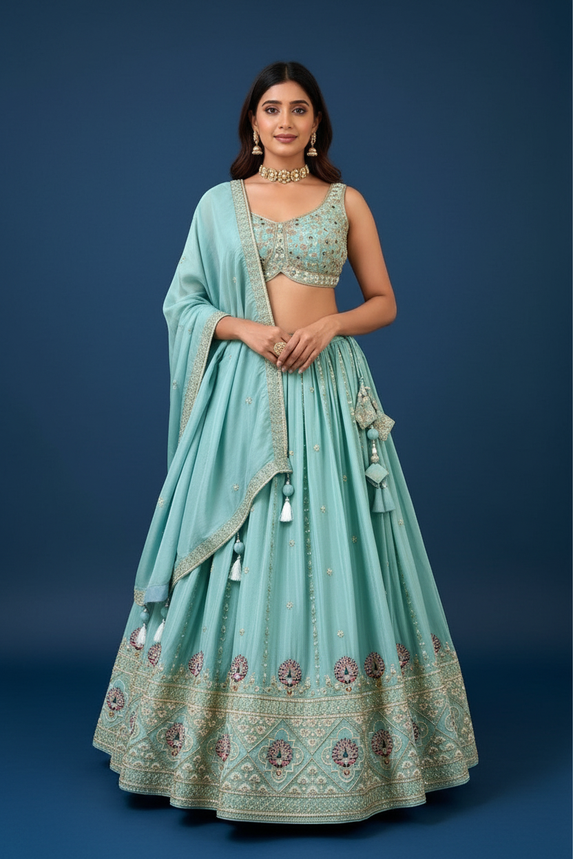 Pista Green Silk Lehenga Choli with Sweetheart Neck