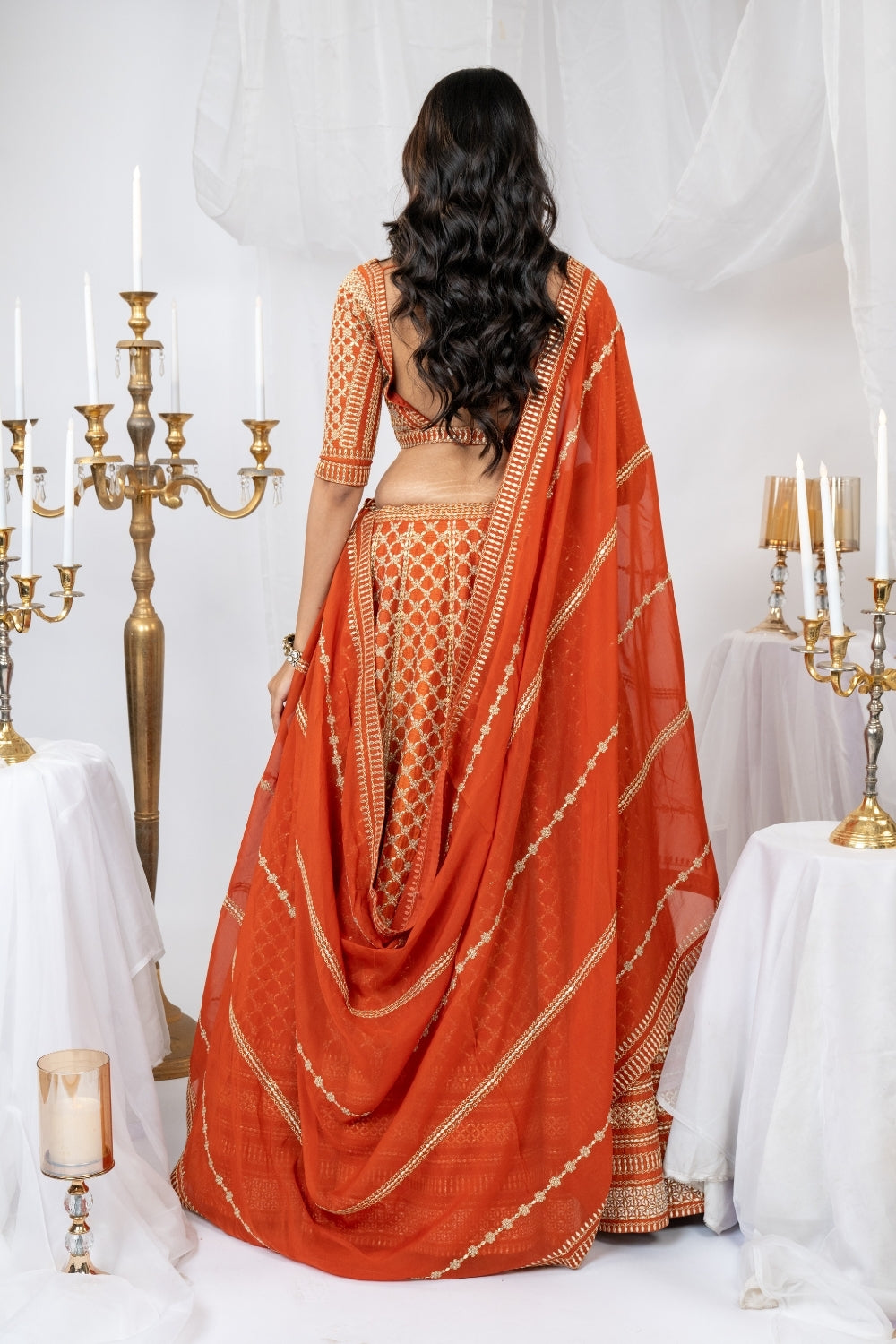 Rust Raw Silk Lehenga Choli Set with Pearl and Moti Work