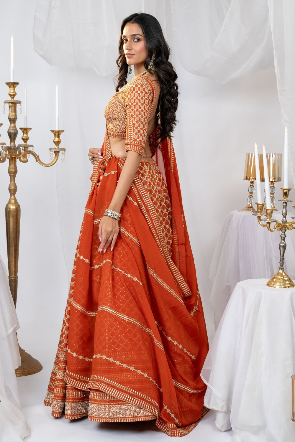 Rust Raw Silk Lehenga Choli Set with Pearl and Moti Work