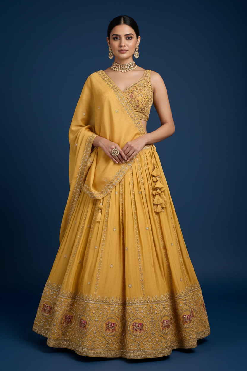 Yellow Silk Lehenga Choli With Hand Embroidery