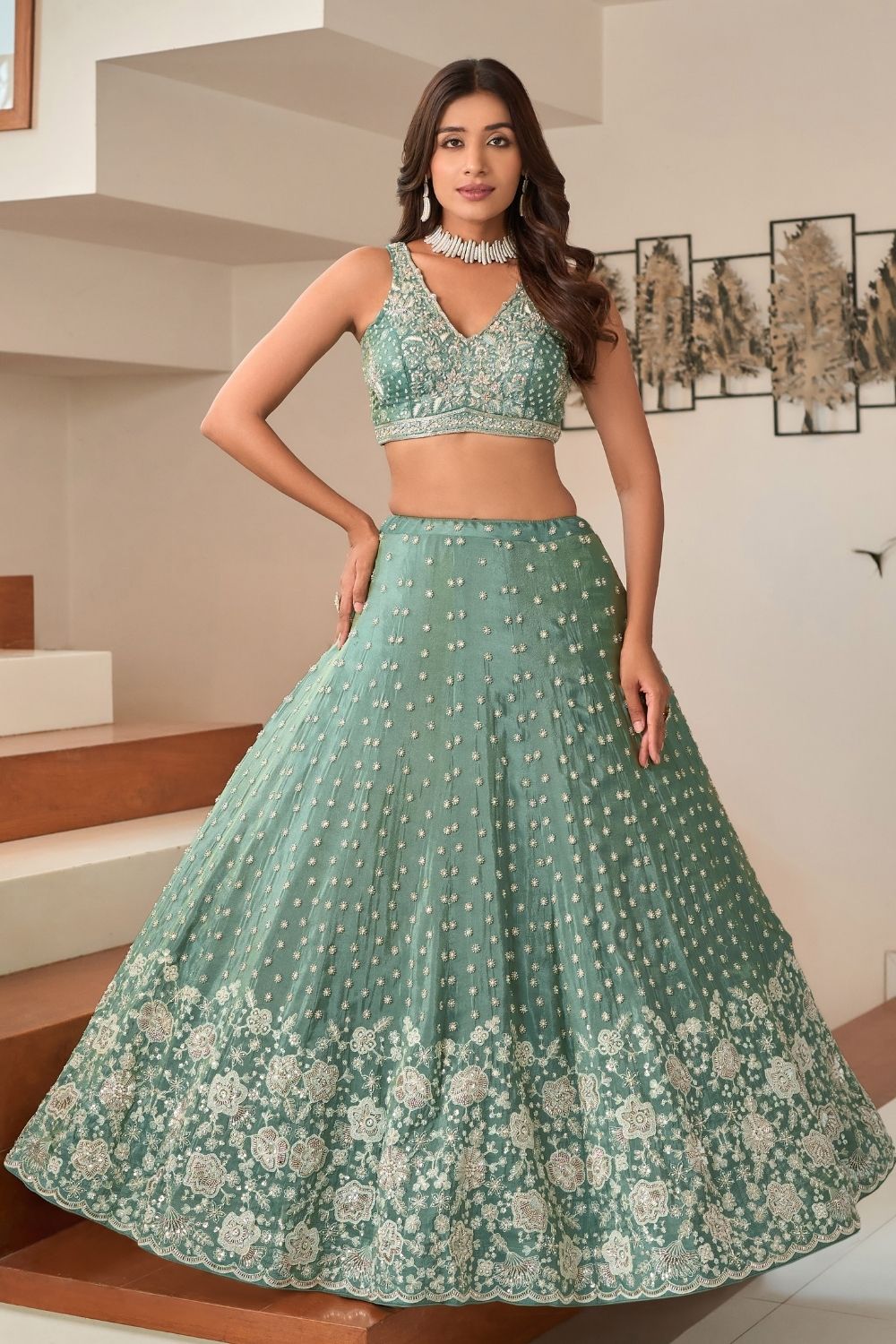 Sage Green Silk Lehenga Choli With Hand Embroidery