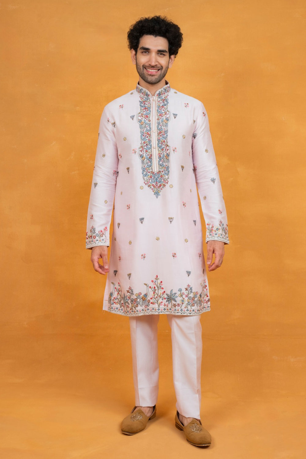 Light pink silk open koti set with multicolour floral thread embroidery