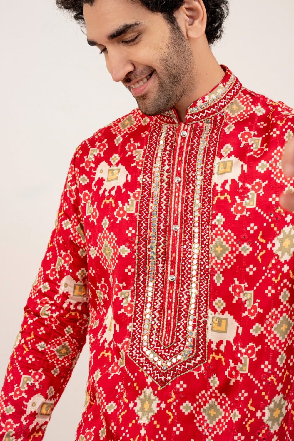 Resham Embroidered satin linen kurta set with kasab and mirror work