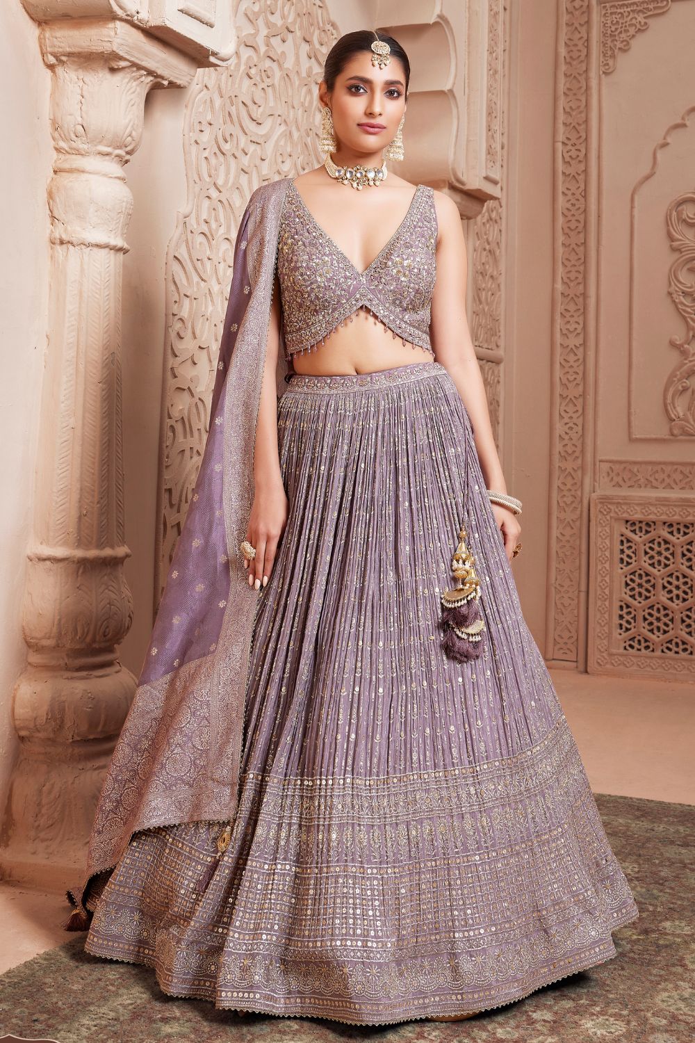 Lilac Purple Chinon Flared Desginer Lehenga with Sequin and Zari Embroidery