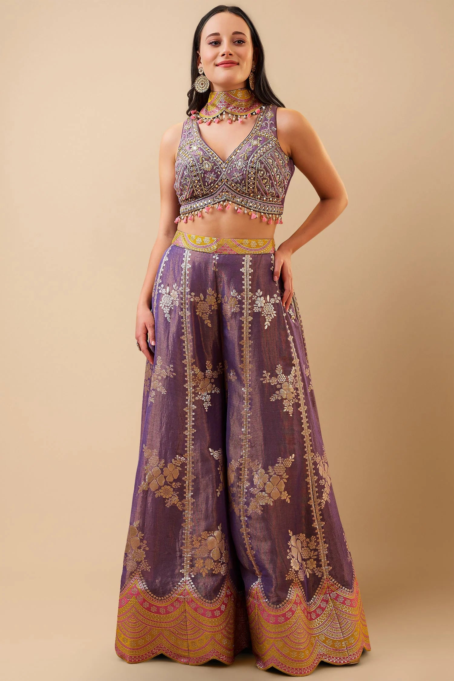 Fuchsia Purple Tissue Jacquard Sequin Beaded and Mirror Crop Top Palazzo Set with Dupatta