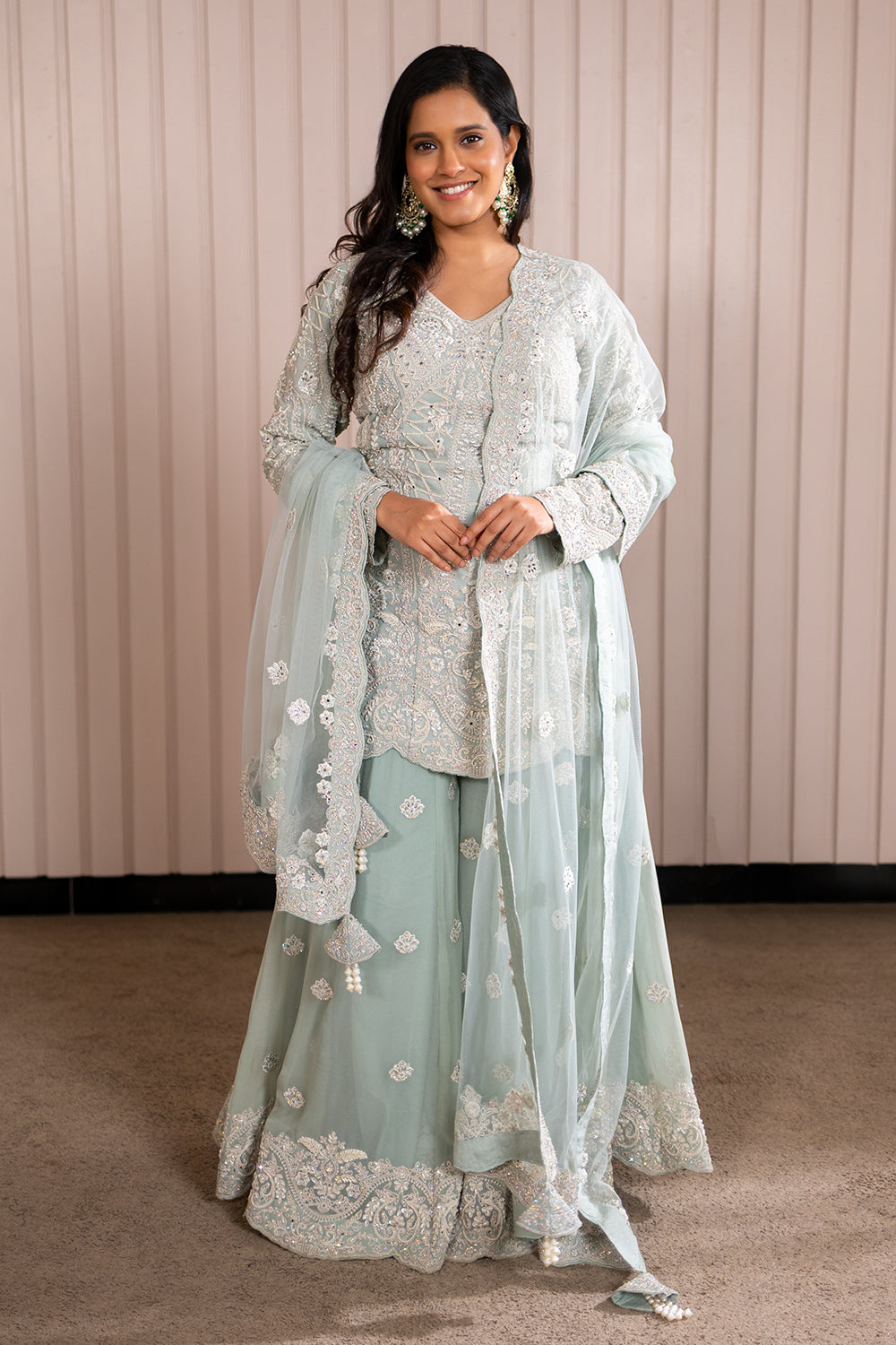 Aqua Georgette with Heavy Pearl Embroidery Sharara Set.