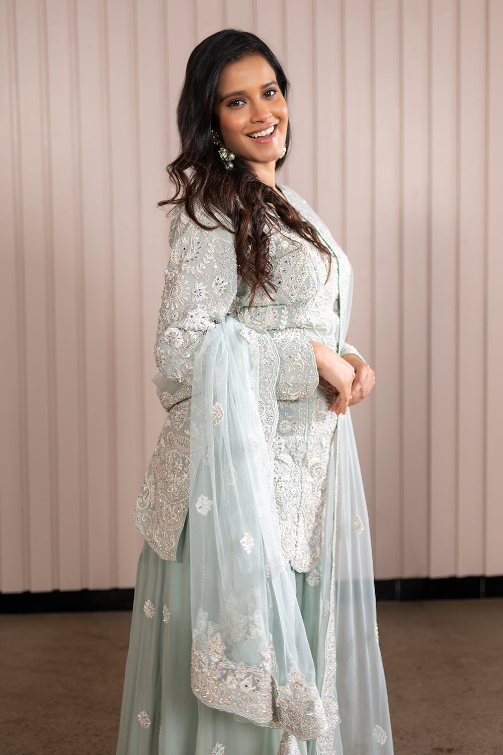 Aqua Georgette with Heavy Pearl Embroidery Sharara Set.
