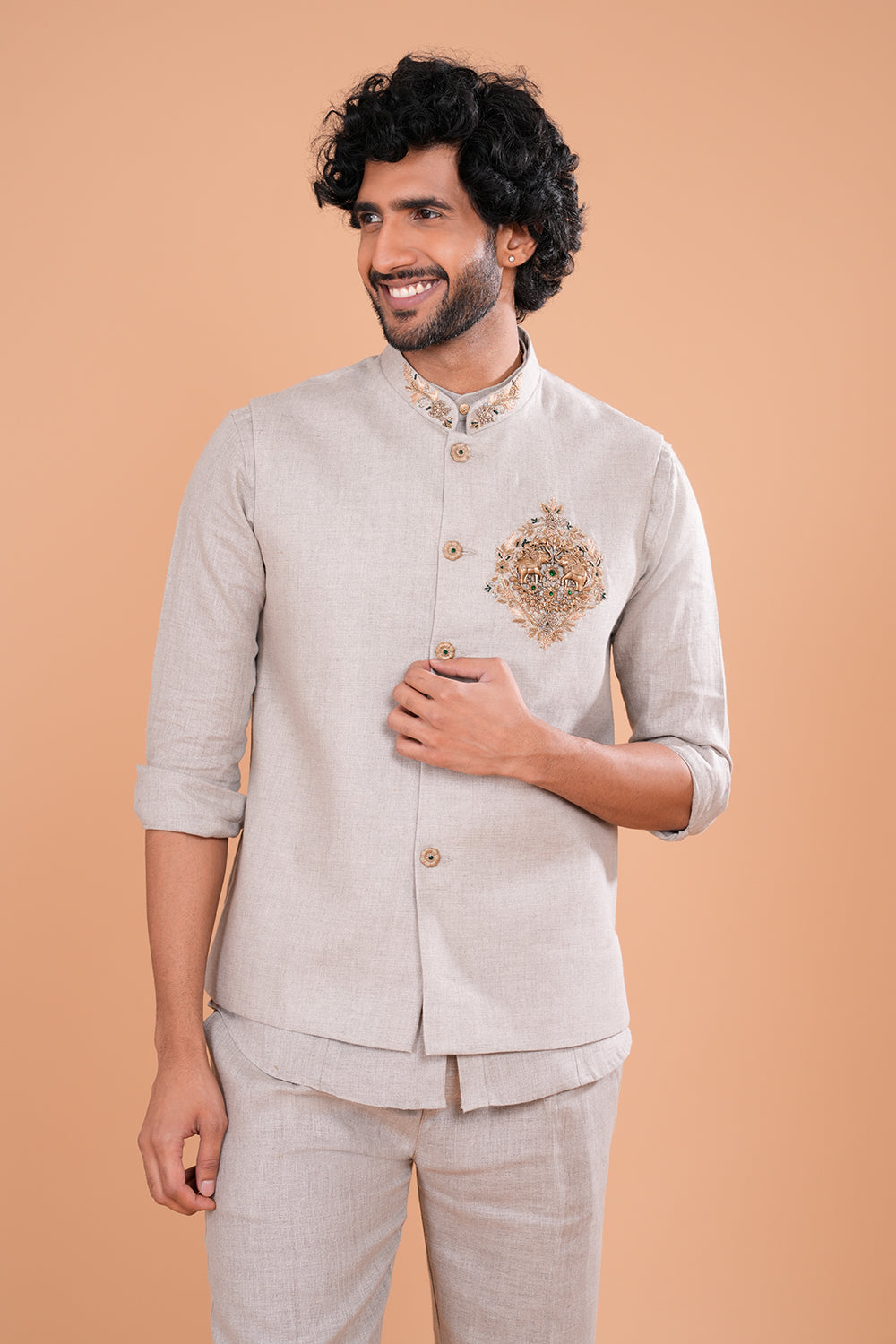 Ash Grey Embroidered Bundi Set