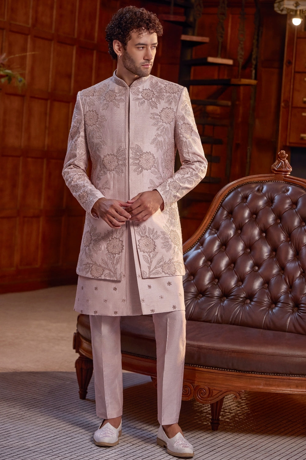 BABY PINK ROW SILK INDO WESTERN WITH CUTDANA AND SEQUINS