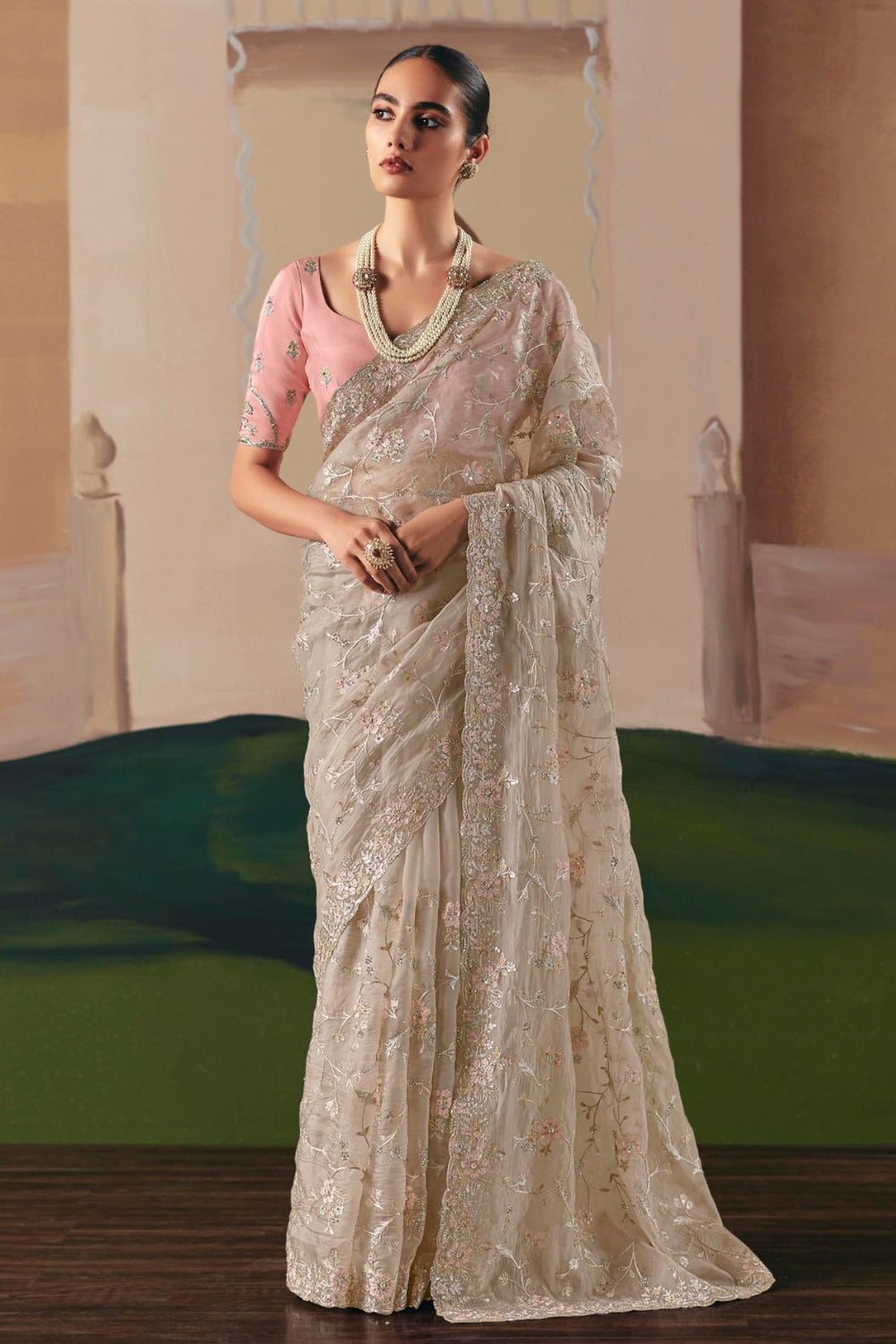 BEIGE ORGANZA SAREE WITH STONE AND RESHAM EMBROIDERY