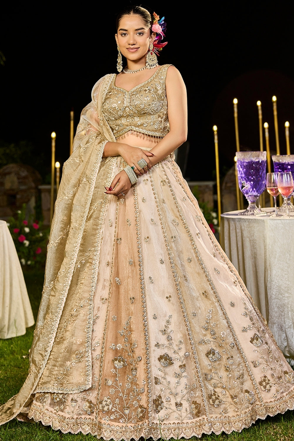 BEIGE SATIN SILK LEHENGA CHOLI WITH CUTDANA AND SEQUINS