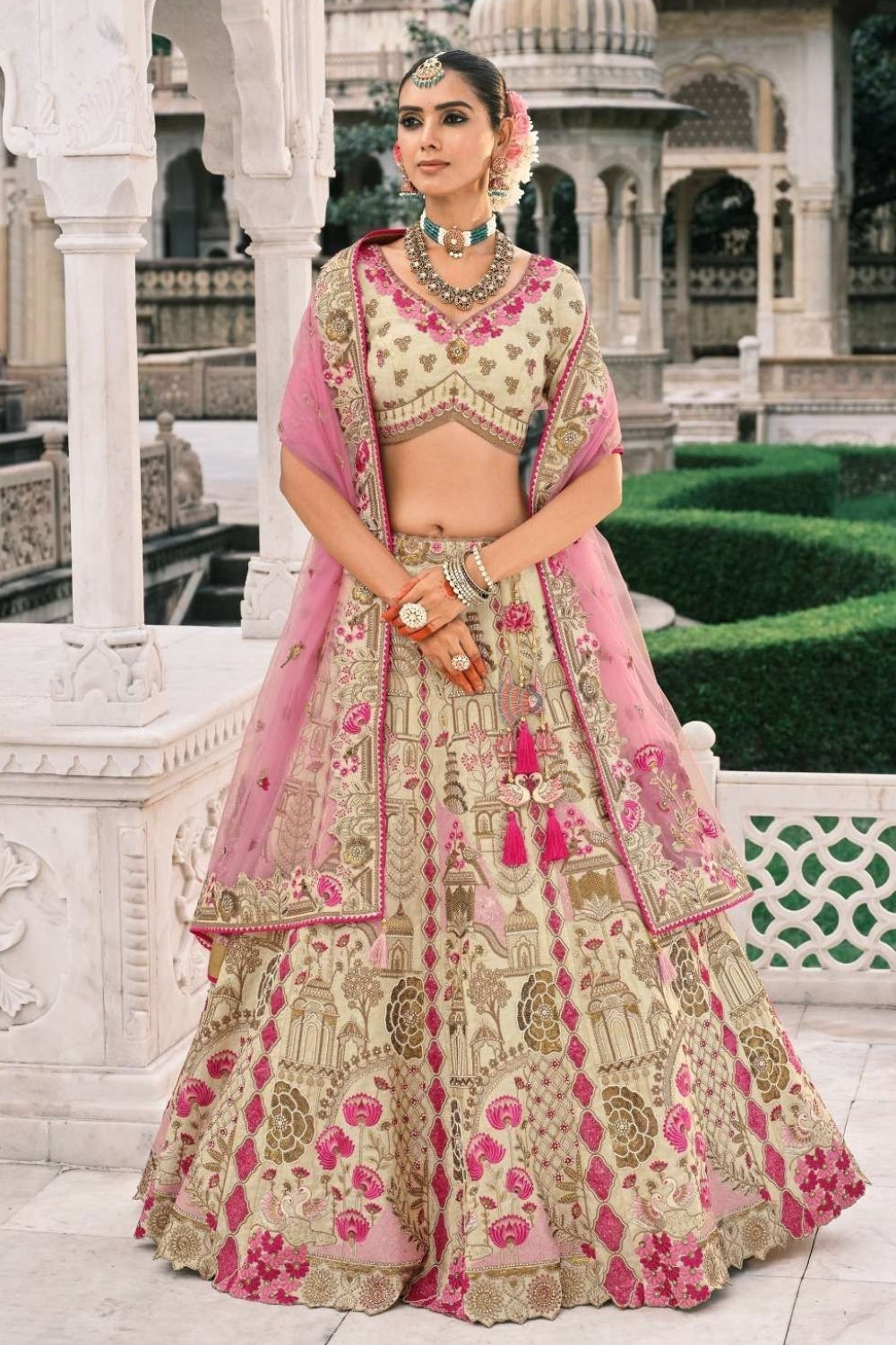 BEIGE SILK BRIDAL LEHENGA WITH DORI AND RESHAM EMBROIDERY AND DORI
