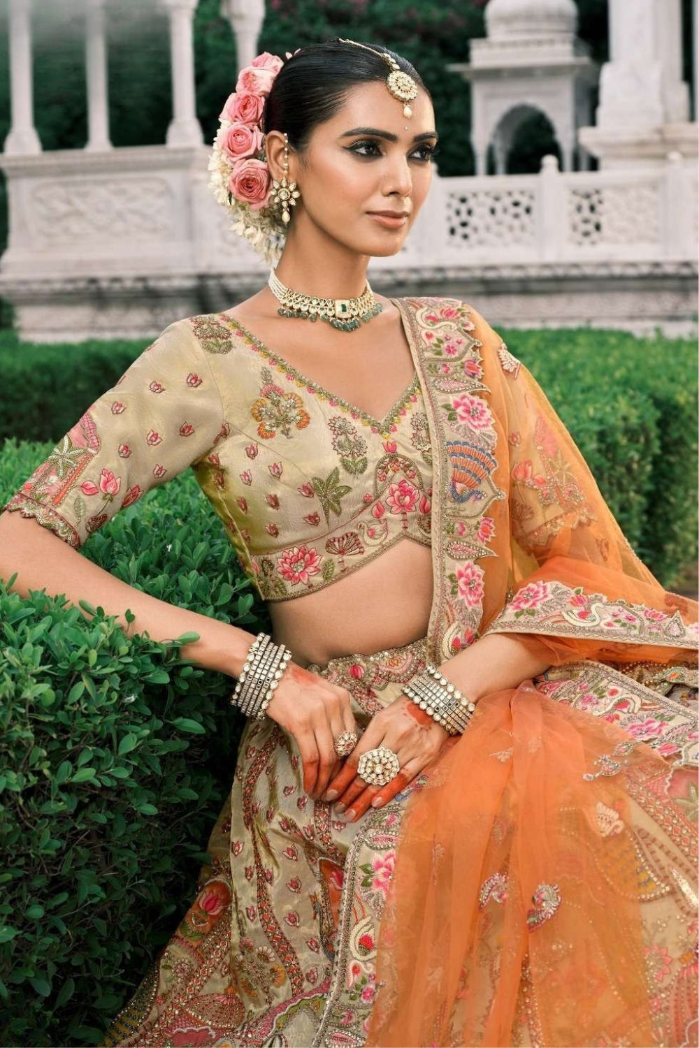 BEIGE SILK BRIDAL LEHENGA WITH SEQUINS AND MOTI WORK