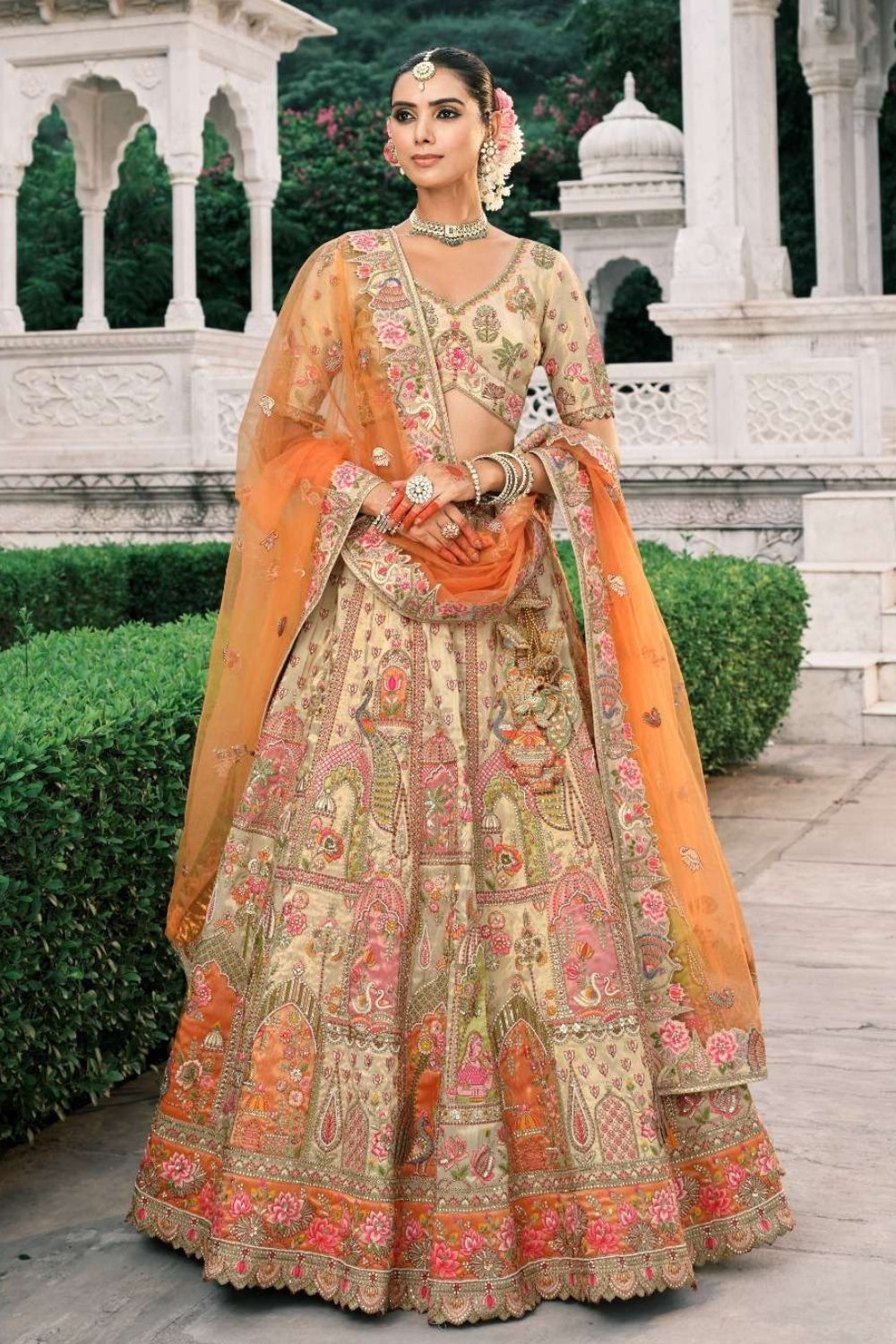 BEIGE SILK BRIDAL LEHENGA WITH SEQUINS AND MOTI WORK