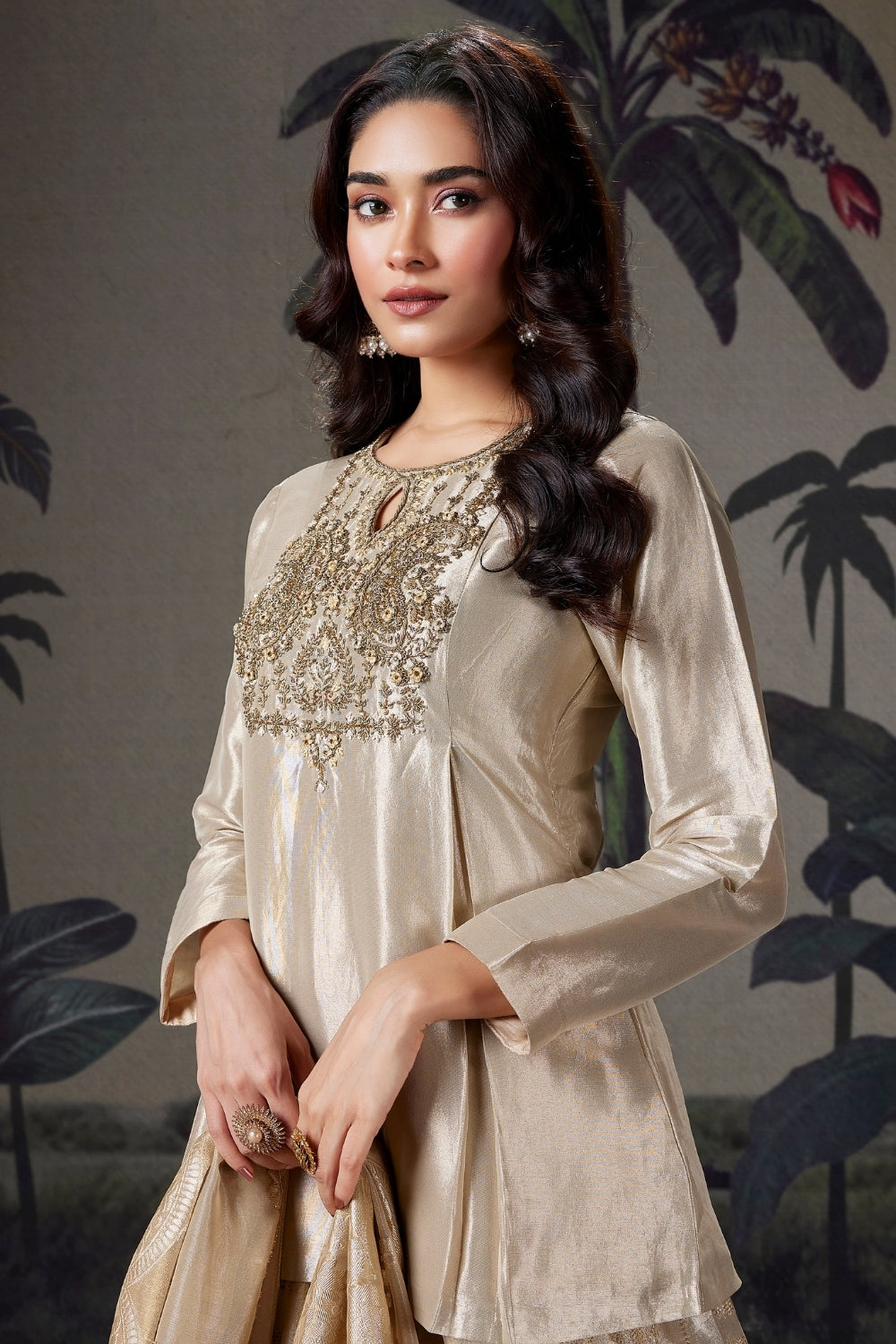 BEIGE TISSUE LEHENGA WITH CUTDANA AND MOTI WORK