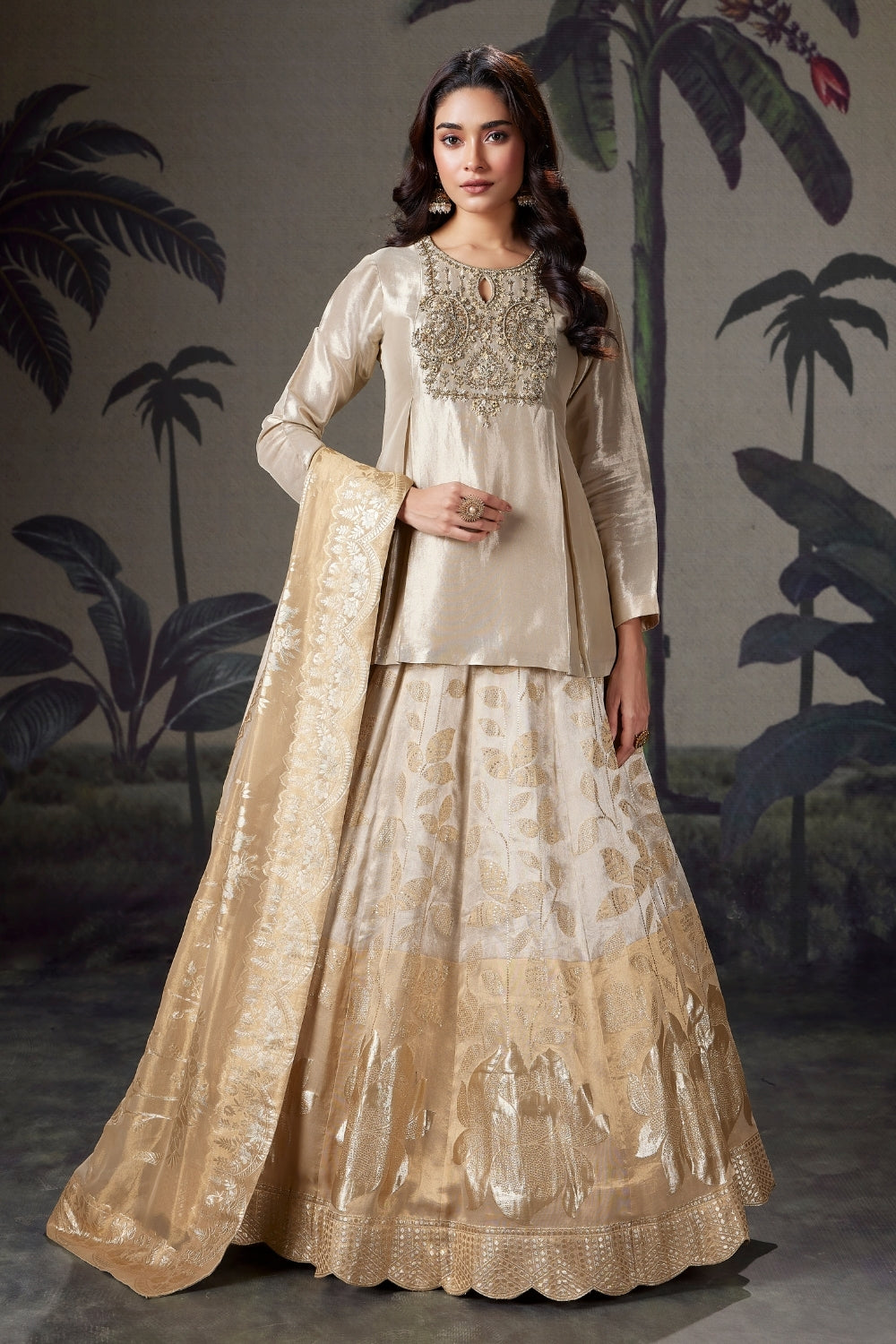 BEIGE TISSUE LEHENGA WITH CUTDANA AND MOTI WORK