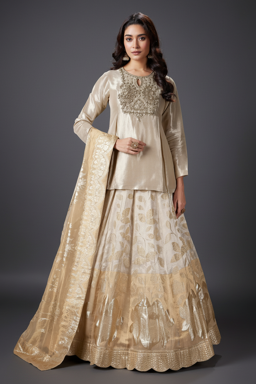 BEIGE TISSUE LEHENGA WITH CUTDANA AND MOTI WORK