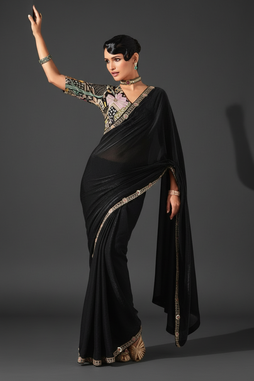 BLACK SAREE WITH SEQUINS AND EMBROIDERY