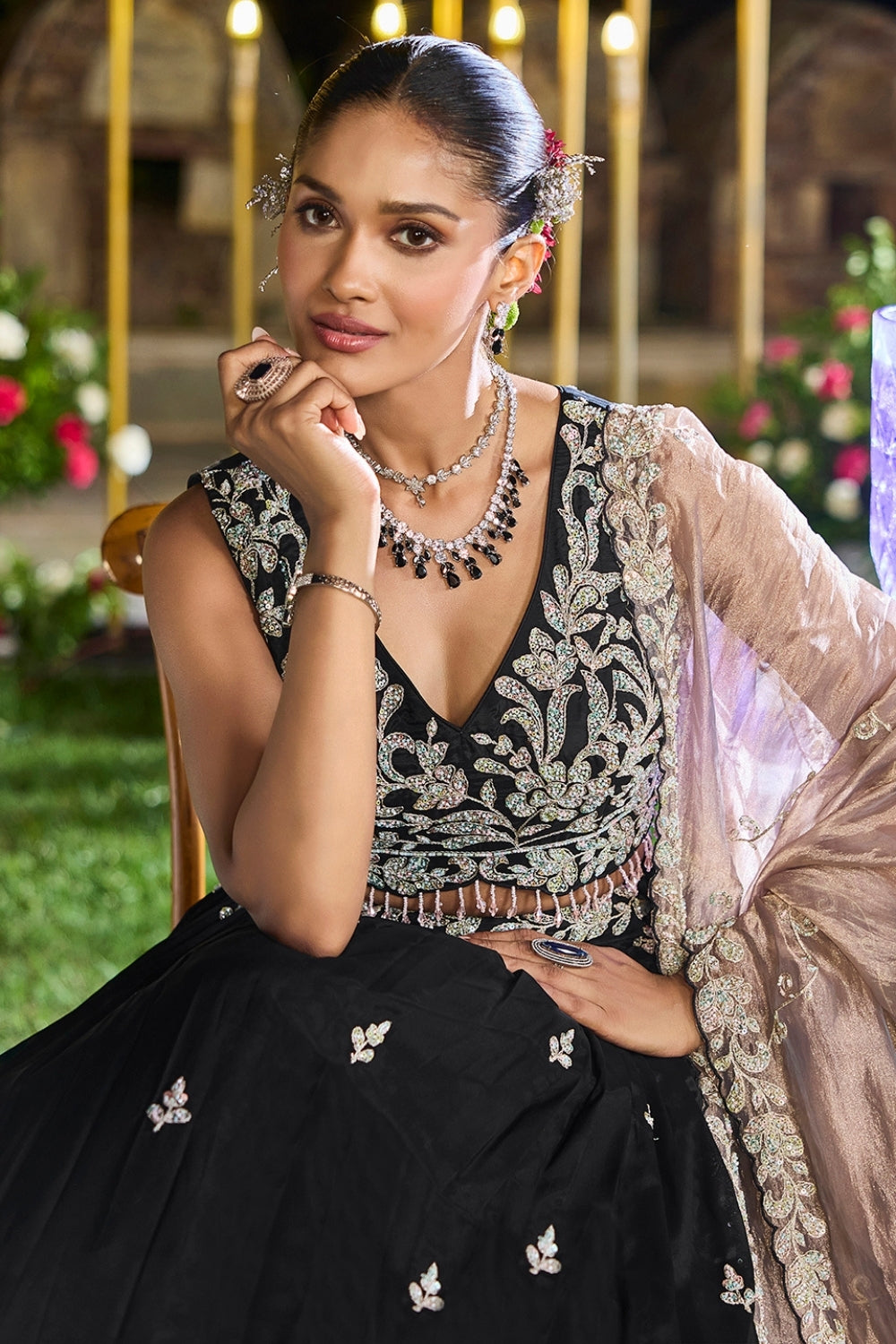 BLACK SATIN SILK LEHENGA CHOLI WITH CUTDANA AND EMBROIDERY