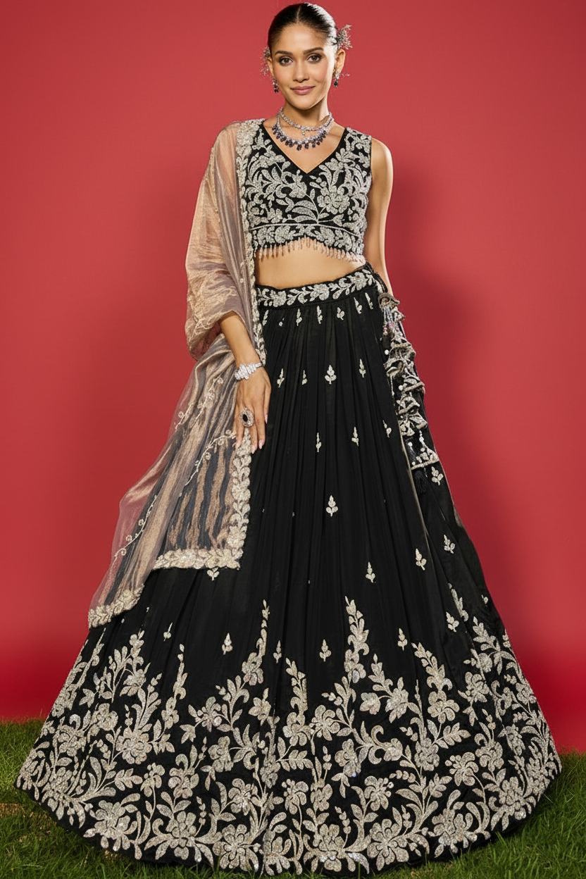 BLACK SATIN SILK LEHENGA CHOLI WITH CUTDANA AND EMBROIDERY