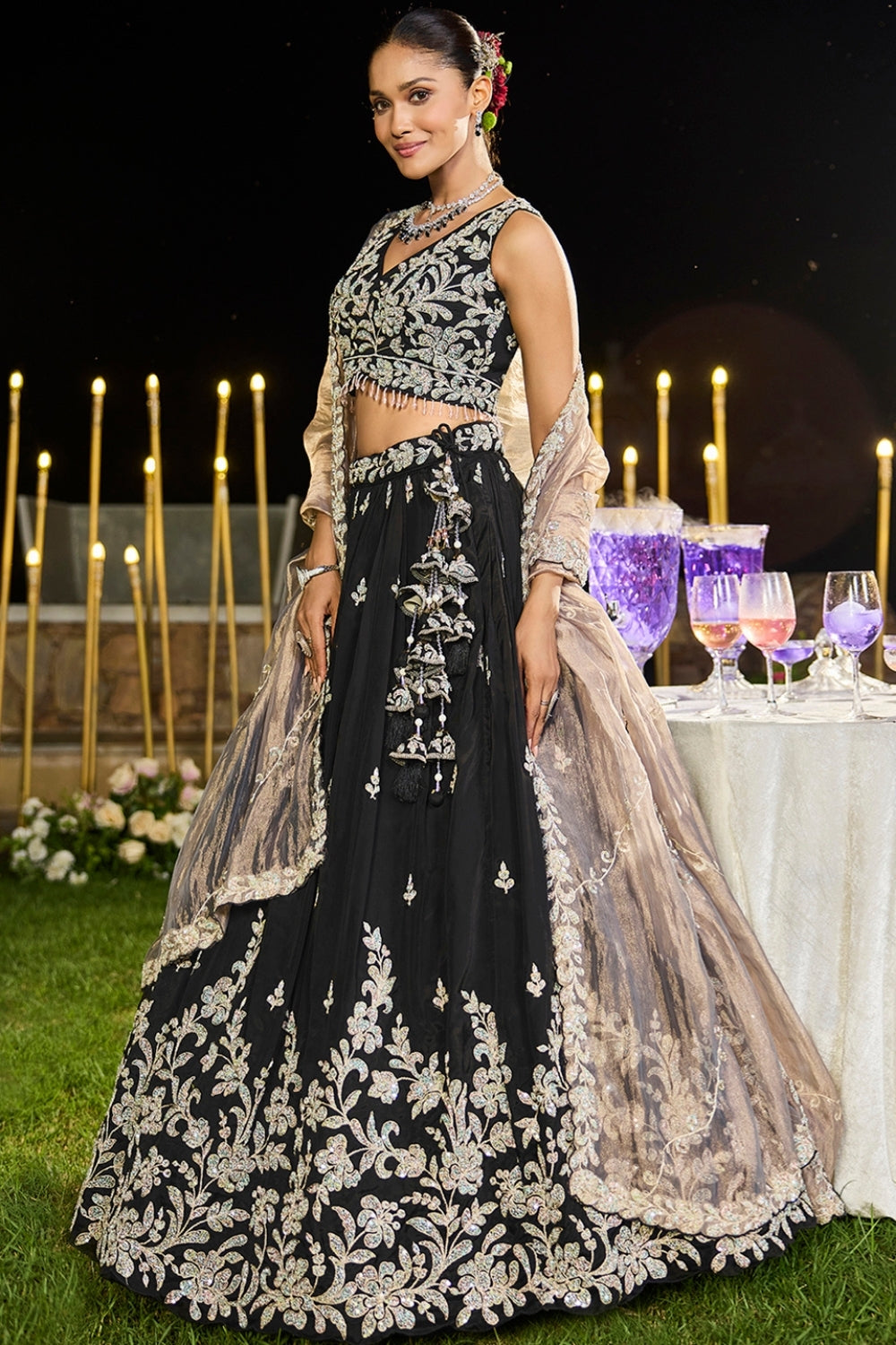 BLACK SATIN SILK LEHENGA CHOLI WITH CUTDANA AND EMBROIDERY