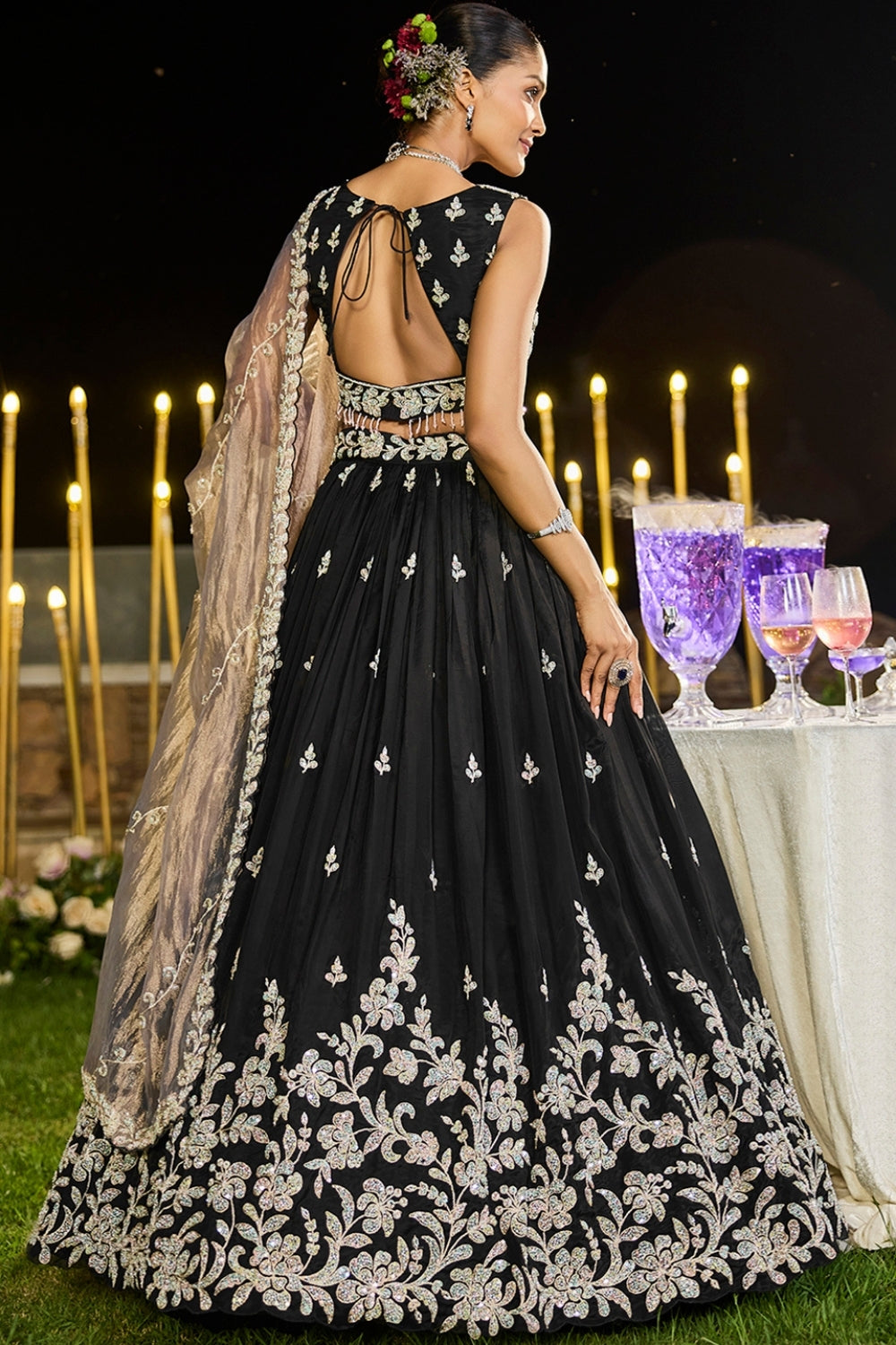 BLACK SATIN SILK LEHENGA CHOLI WITH CUTDANA AND EMBROIDERY