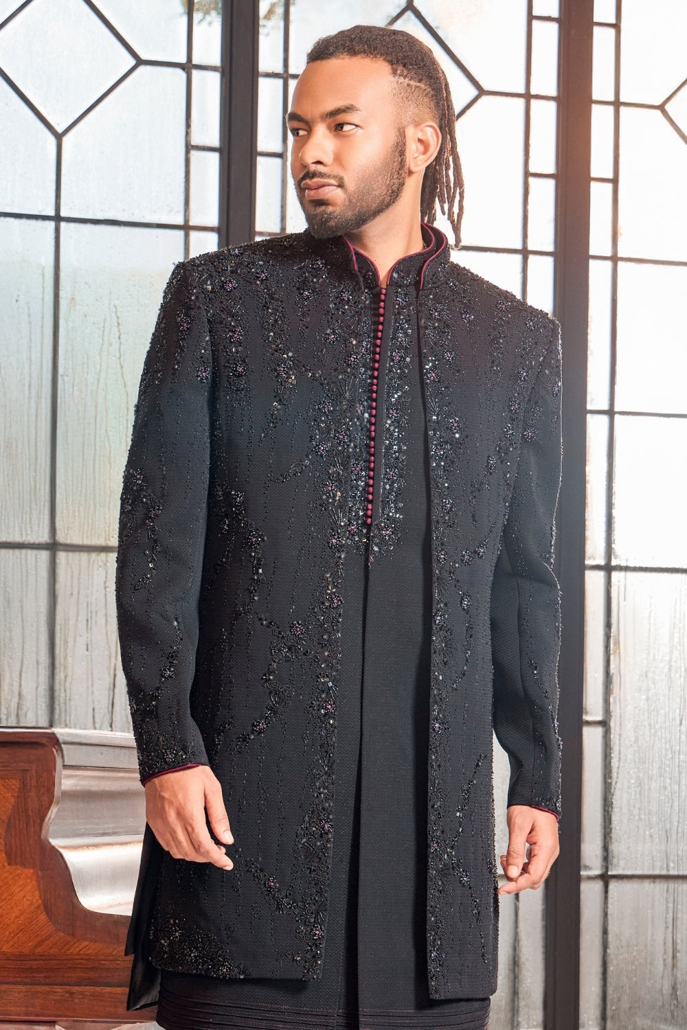 BLACK SILK INDO WESTERN WITH CUTDANA AND MOTI