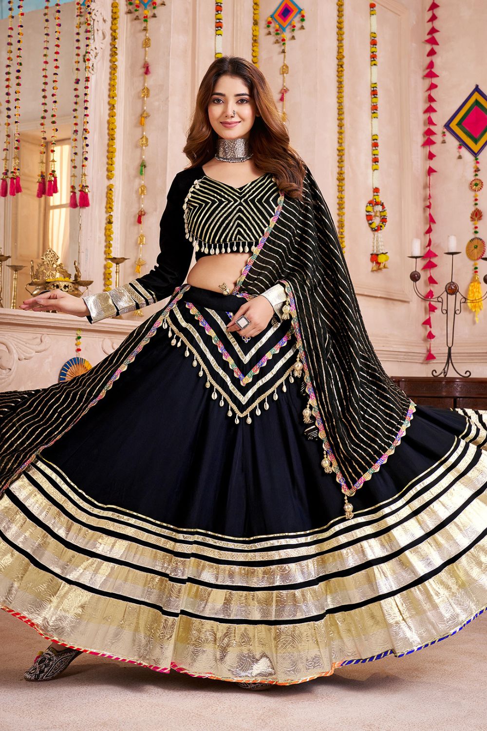 BLACK VISCOSE COTTON NAVRATRI LEHENGA CHOLI WITH GAMTHI LACE