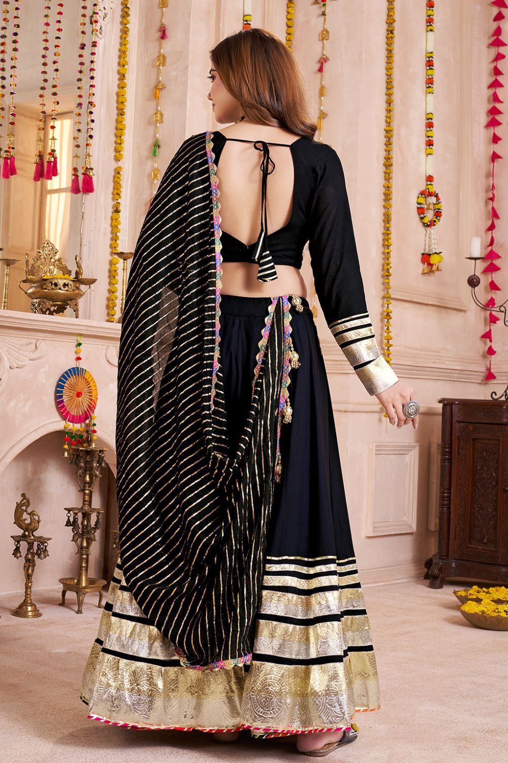 BLACK VISCOSE COTTON NAVRATRI LEHENGA CHOLI WITH GAMTHI LACE