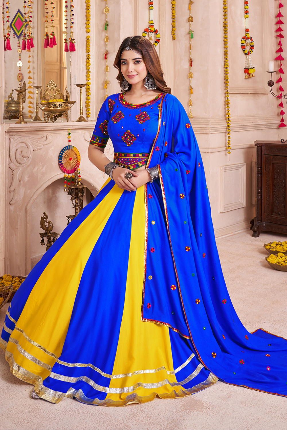 BLUE AND YELLOW VISCOSE COTTON NAVRATRI LEHENGA CHOLI WITH THREAD AND MIRROR WORK