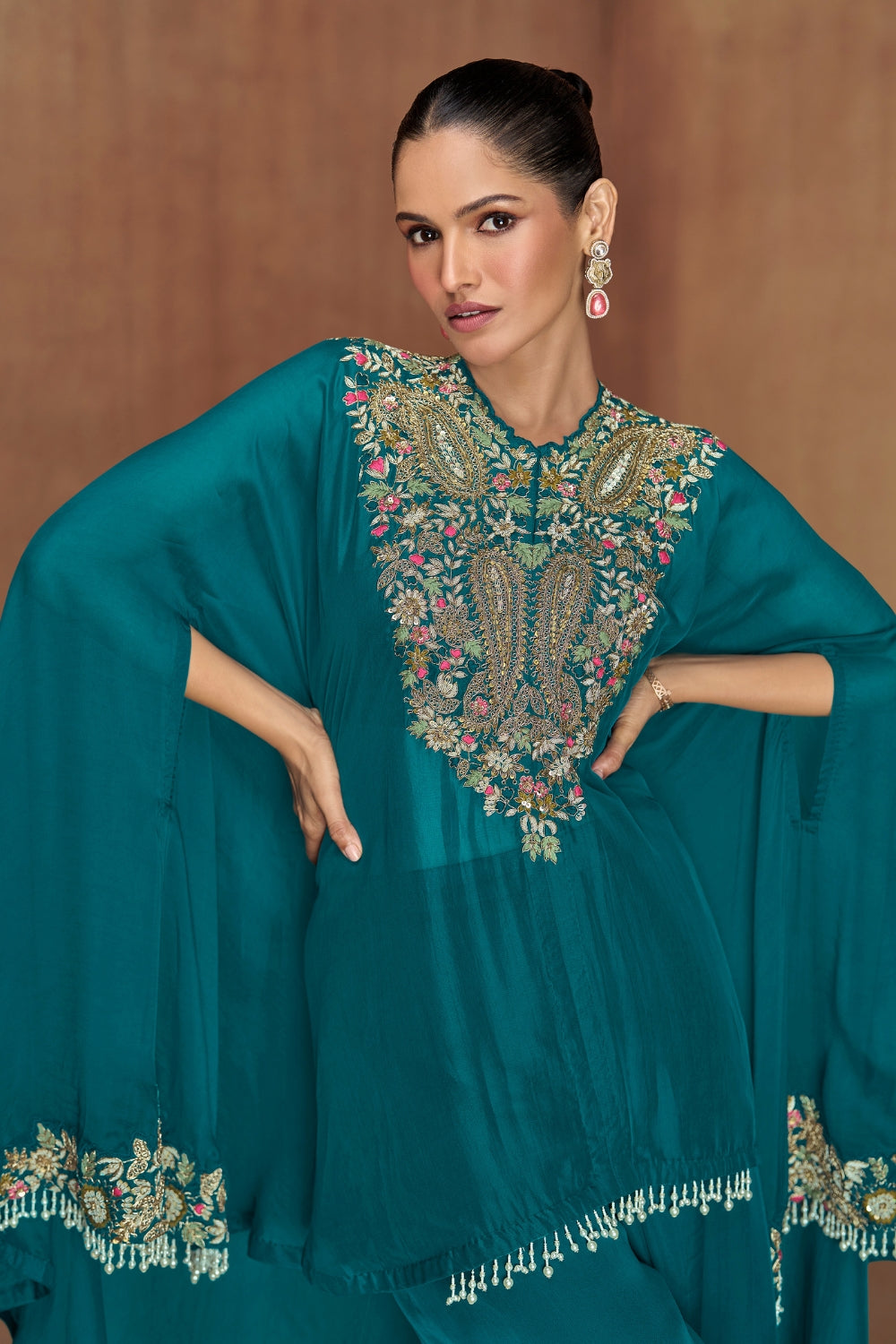 BLUE SILK PALAZZO SUIT WITH ZARDOHI AND BEADS