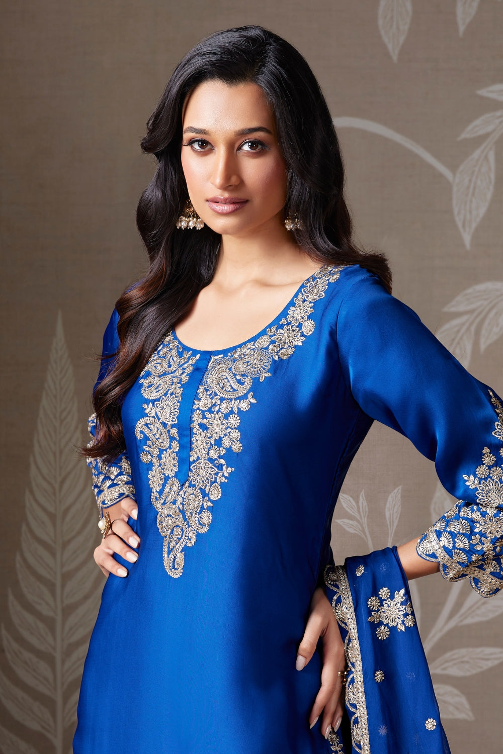 SATIN SILK PALAZZO SUIT WITH EMBROIDERY AND SEQUINS