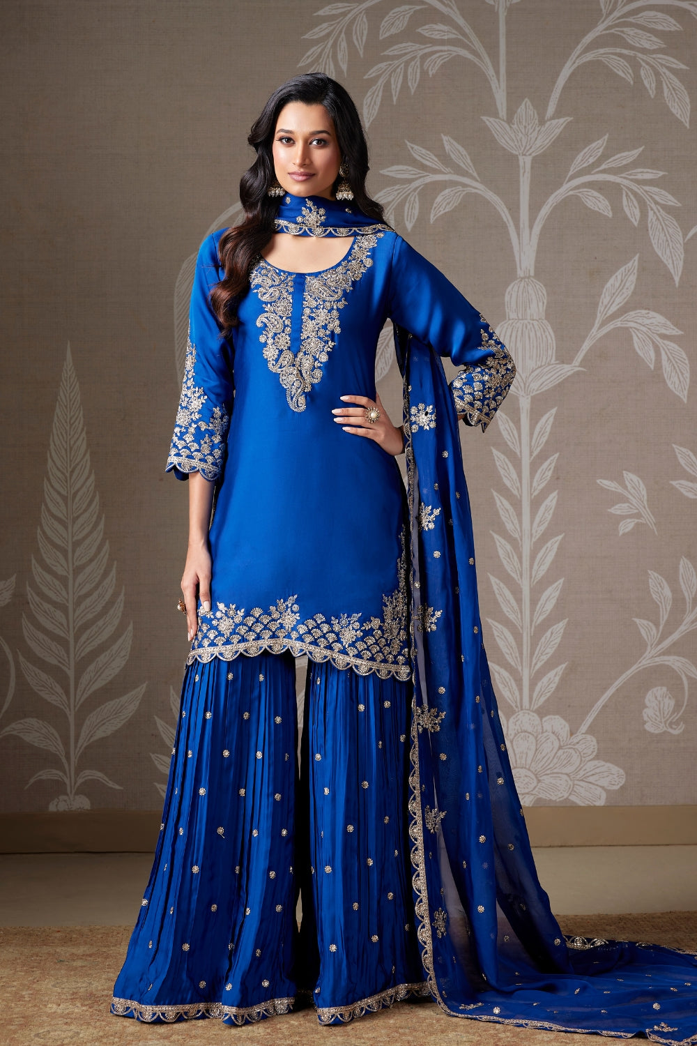 SATIN SILK PALAZZO SUIT WITH EMBROIDERY AND SEQUINS