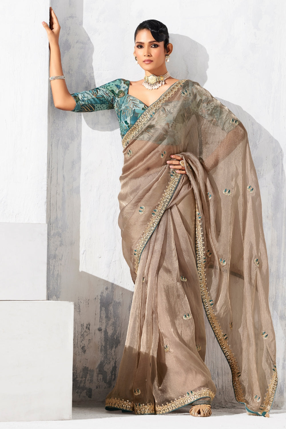 BROWN SAREE WITH SEQUINS AND EMBROIDERY