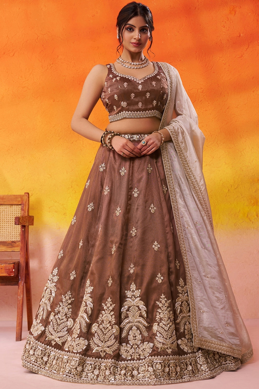BROWN TISSUE LEHENGA CHOLI WITH MOTI AND RESHAM EMBROIDERY
