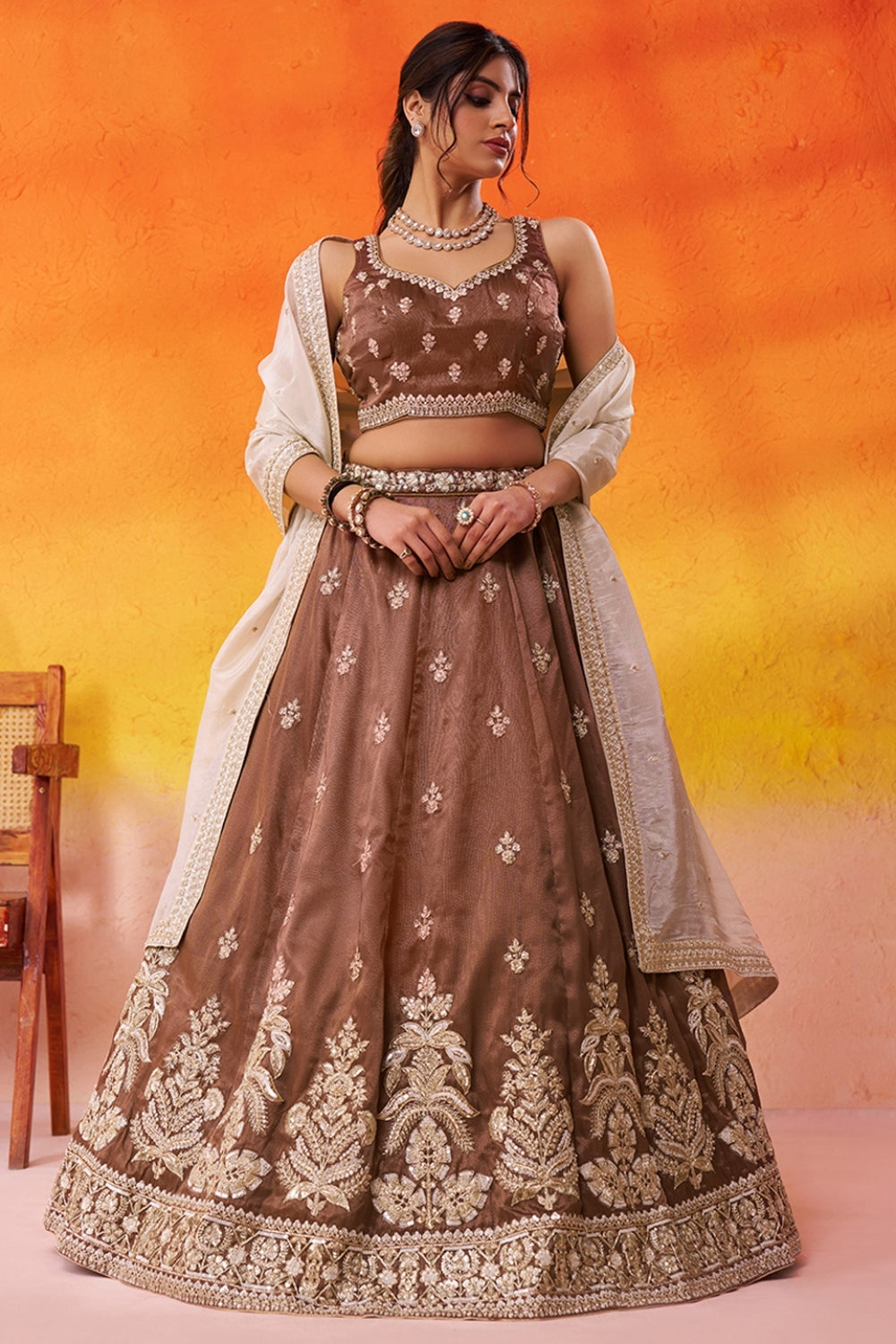 BROWN TISSUE LEHENGA CHOLI WITH MOTI AND RESHAM EMBROIDERY