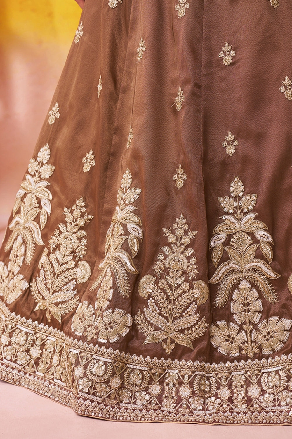 BROWN TISSUE LEHENGA CHOLI WITH MOTI AND RESHAM EMBROIDERY