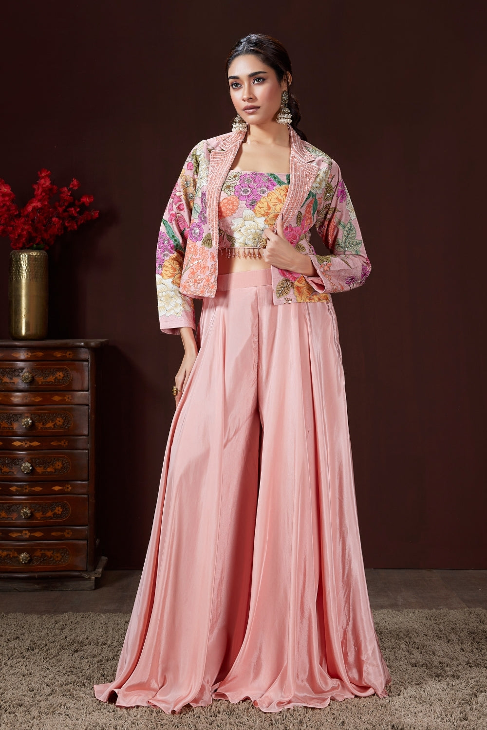 Baby Pink Palazzo Suit with Moti and Resham Embroidered Work