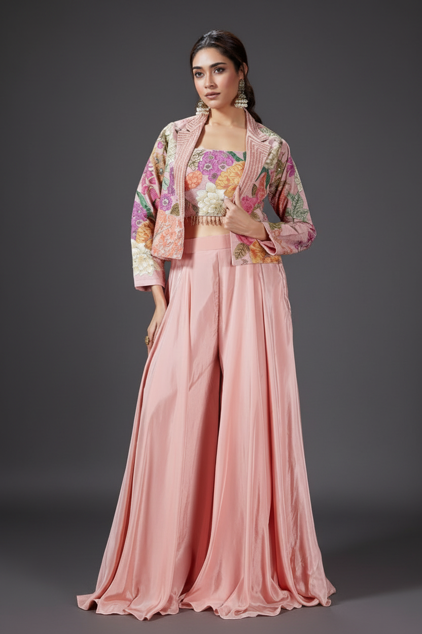 Baby Pink Palazzo Suit with Moti and Resham Embroidered Work