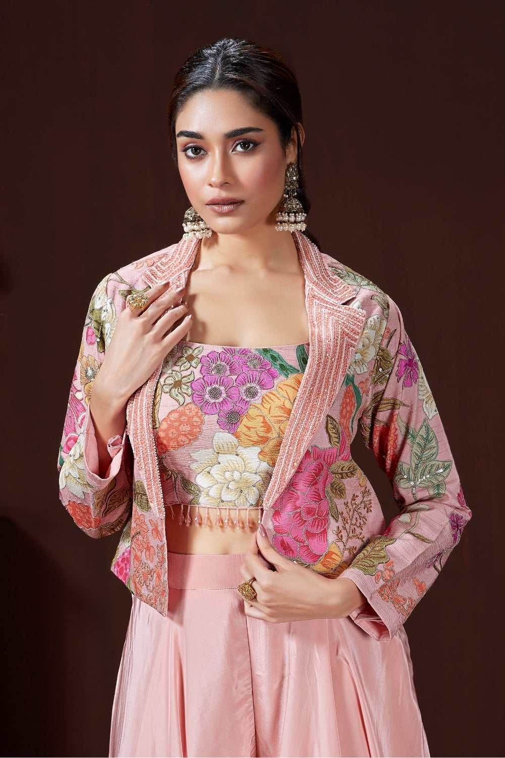 Baby Pink Palazzo Suit with Moti and Resham Embroidered Work