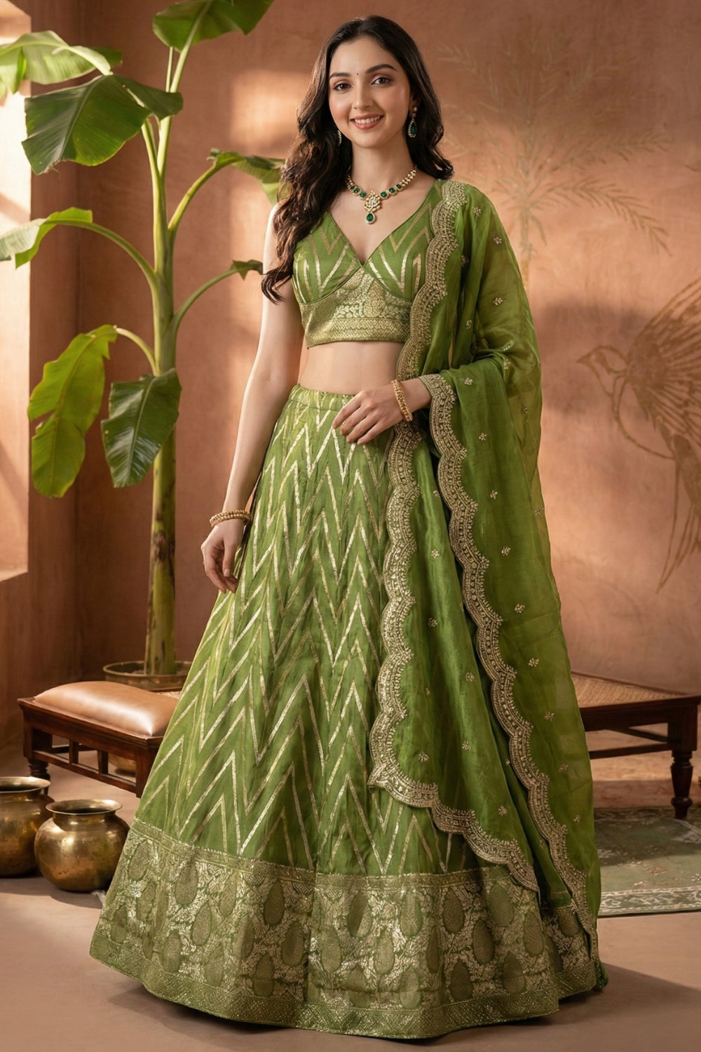 Banarsi Silk Waving Lehenga Set