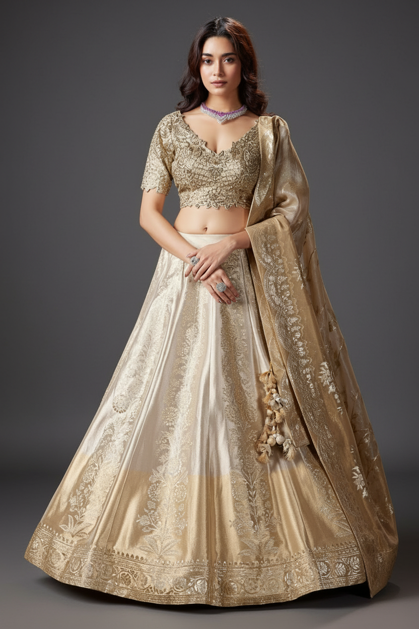 Beige Banarasi Silk Lehenga with Cutdana and Sequin
